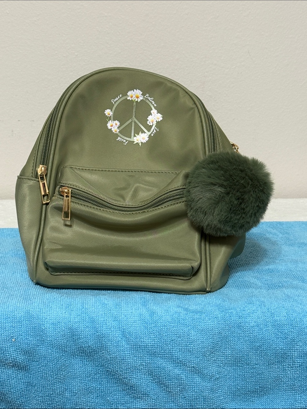 Source Unknown Olive Green Daisy Peace Mini Backpack with Pom Pom